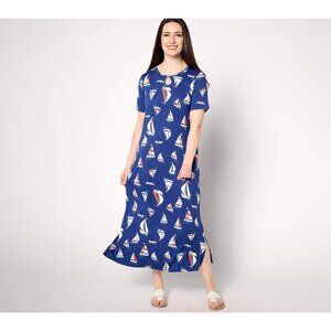 Quacker Factory Dress Size Medium Sail Away Short Sleeve Pocket Navy Coastal NEW